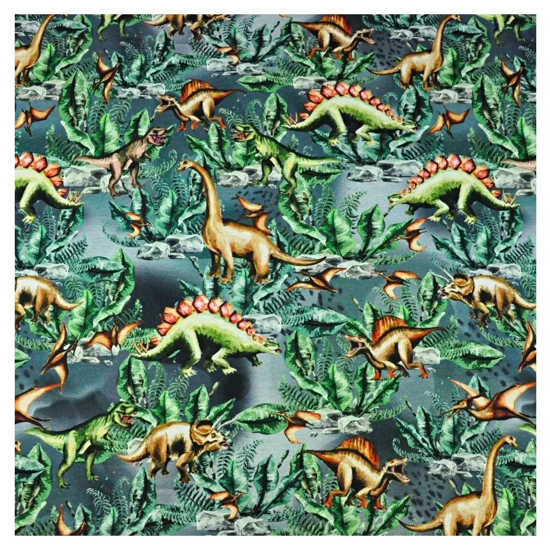 Cotton Jersey digital print dinosaurs on a grey-green background - Sold by half meter