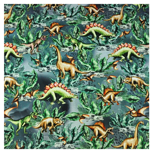 Cotton Jersey digital print dinosaurs on a grey-green background - Sold by half meter