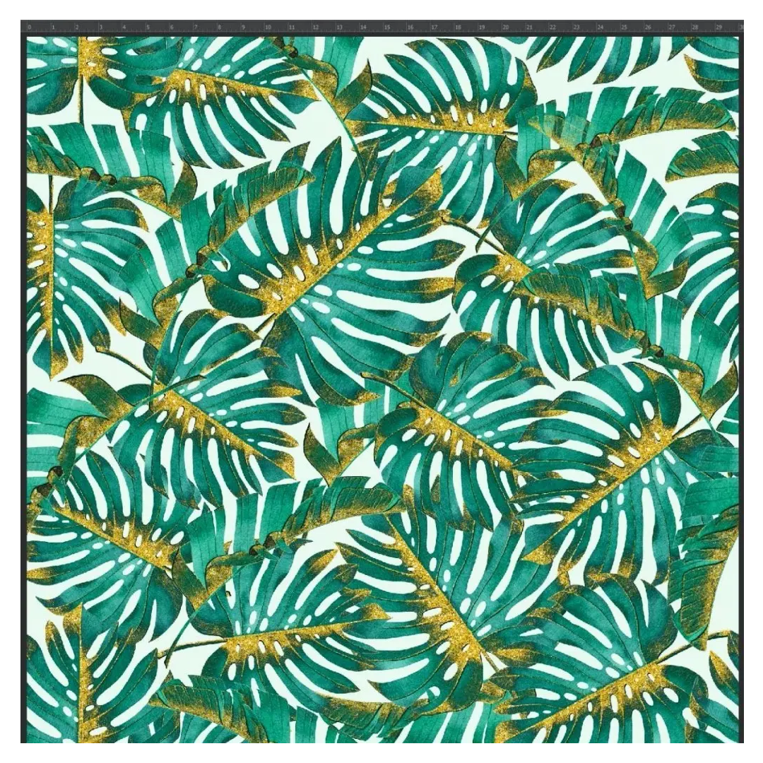 Jersey cotton knitwear digital print - Dense green and golden monstera leaves on a white background - Sold by half meter