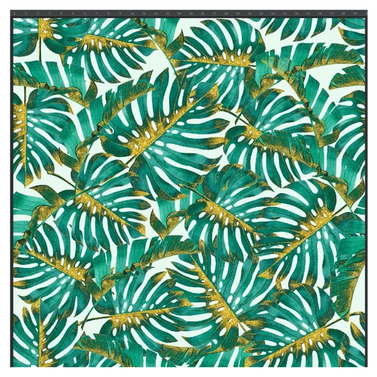 Jersey cotton knitwear digital print - Dense green and golden monstera leaves on a white background - Sold by half meter