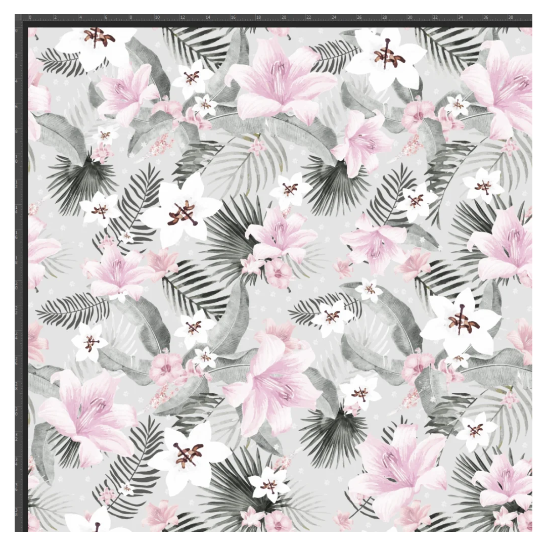 Jersey cotton knitwear digital print - leaves with pink flowers on a gray background - Sold by half meter