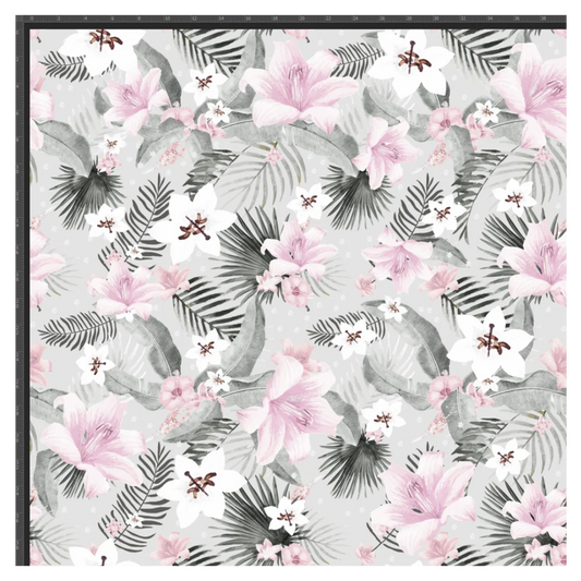 Jersey cotton knitwear digital print - leaves with pink flowers on a gray background - Sold by half meter